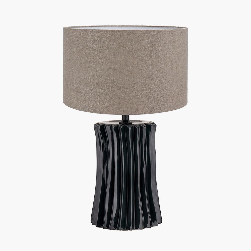Devony Black Pleated Ceramic Table Lamp Base with Edward 35cm Natural Linen Cylinder Lampshade
