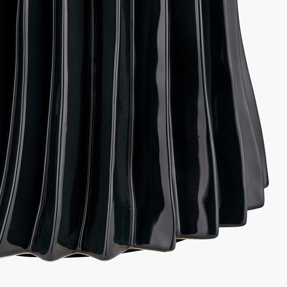 Devony Black Pleated Ceramic Table Lamp Base with Edward 35cm Natural Linen Cylinder Lampshade