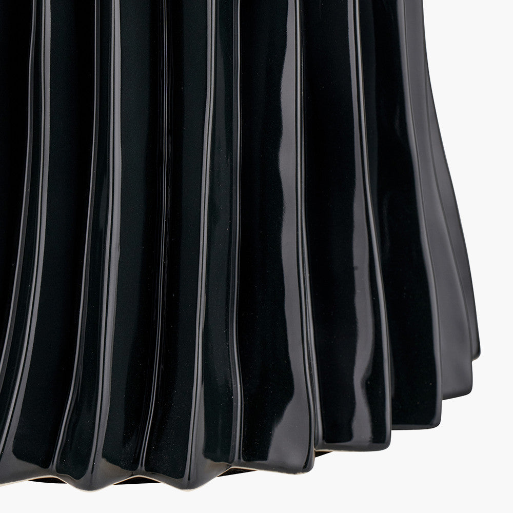 Devony Black Pleated Ceramic Table Lamp Base with Rouen 35cm Taupe Boucle Cylinder Lampshade
