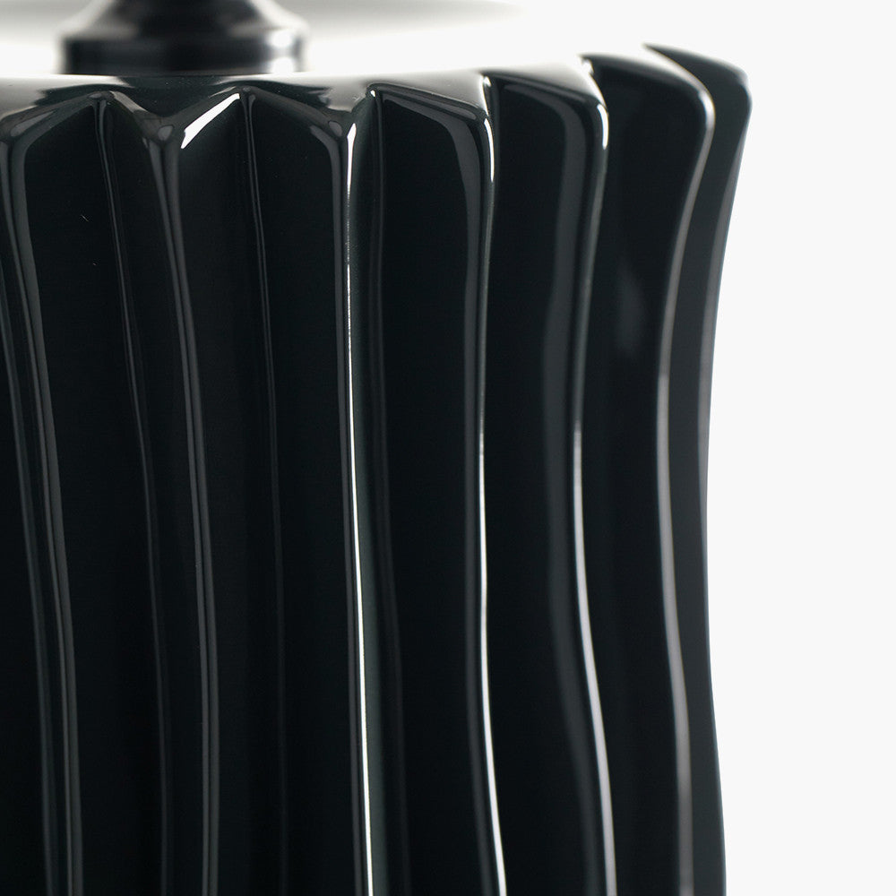 Devony Black Pleated Ceramic Table Lamp Base with Rouen 35cm Taupe Boucle Cylinder Lampshade