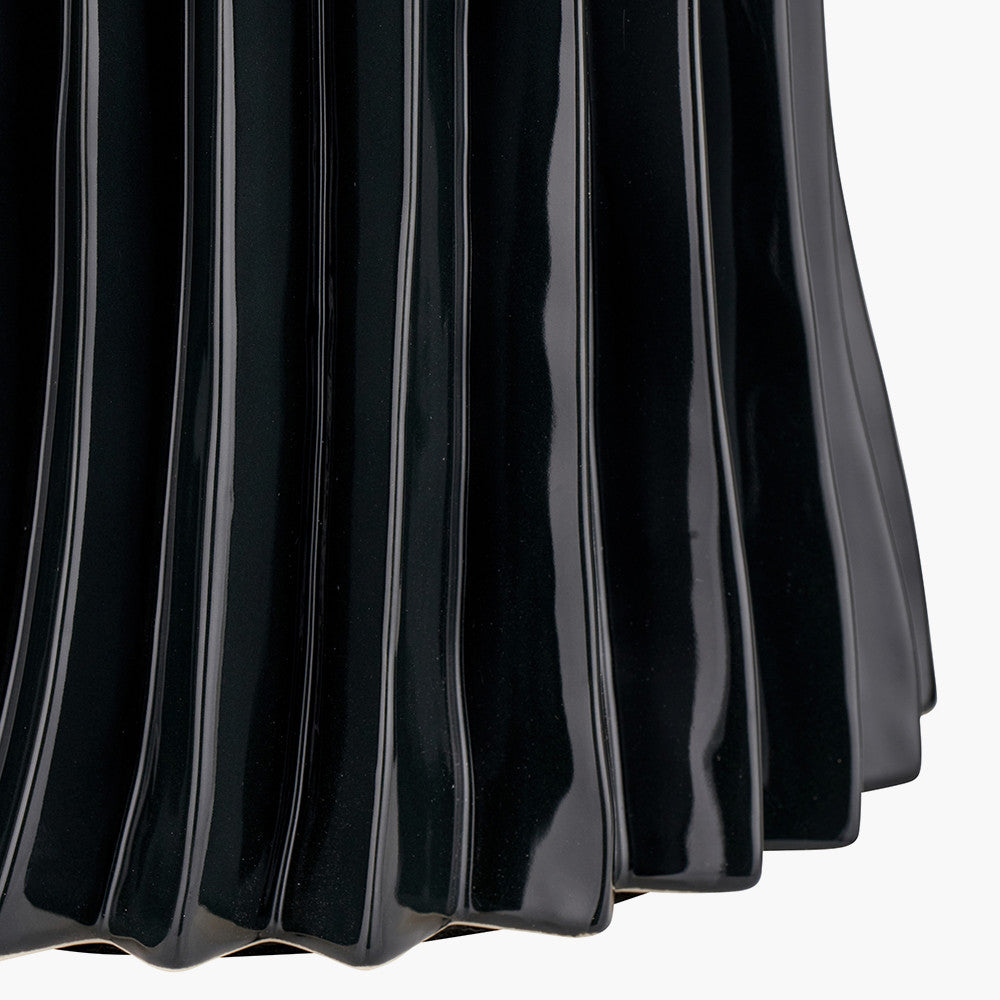 Devony Black Pleated Ceramic Table Lamp Base with Rouen 35cm White Boucle Cylinder Lampshade