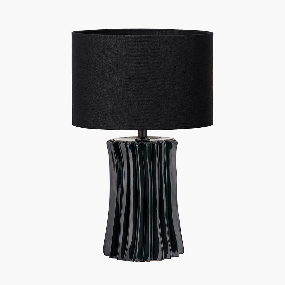 Devony Black Pleated Ceramic Table Lamp Base with Lino 35cm Black Self Lined Linen Cylinder Lampshade