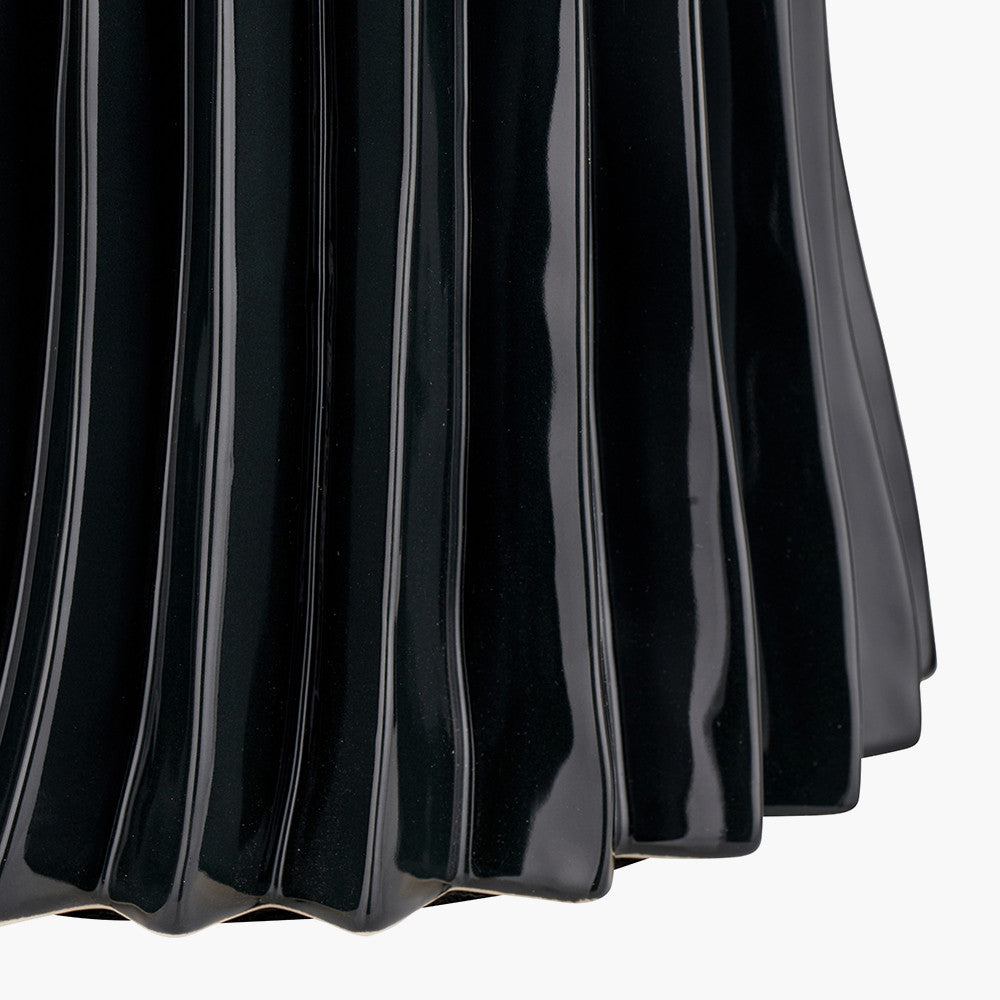 Devony Black Pleated Ceramic Table Lamp Base with Lino 35cm Black Self Lined Linen Cylinder Lampshade
