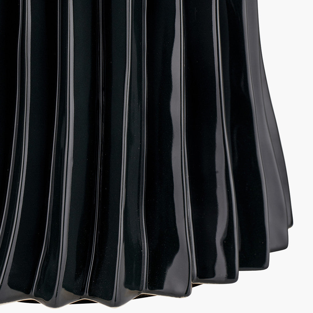 Devony Black Pleated Ceramic Table Lamp Base with Lino 35cm Cinnamon Self Lined Linen Cylinder Lampshade