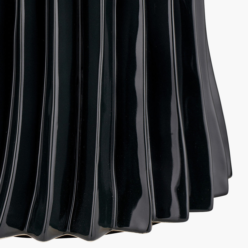 Devony Black Pleated Ceramic Table Lamp Base with Lino 35cm Grey Self Lined Linen Cylinder Lampshade