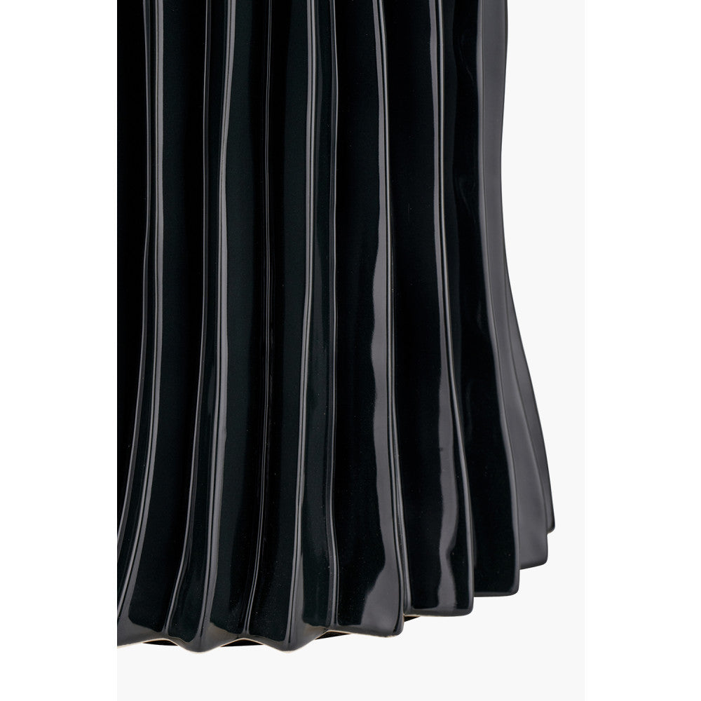 Devony Black Pleated Ceramic Table Lamp Base with Lino 35cm White Self Lined Linen Cylinder Lampshade