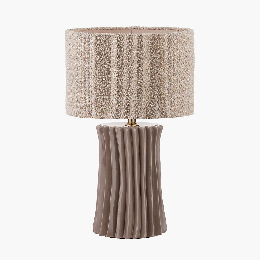 Devony Taupe Pleated Ceramic Table Lamp Base with Rouen 35cm Taupe Boucle Cylinder Lampshade