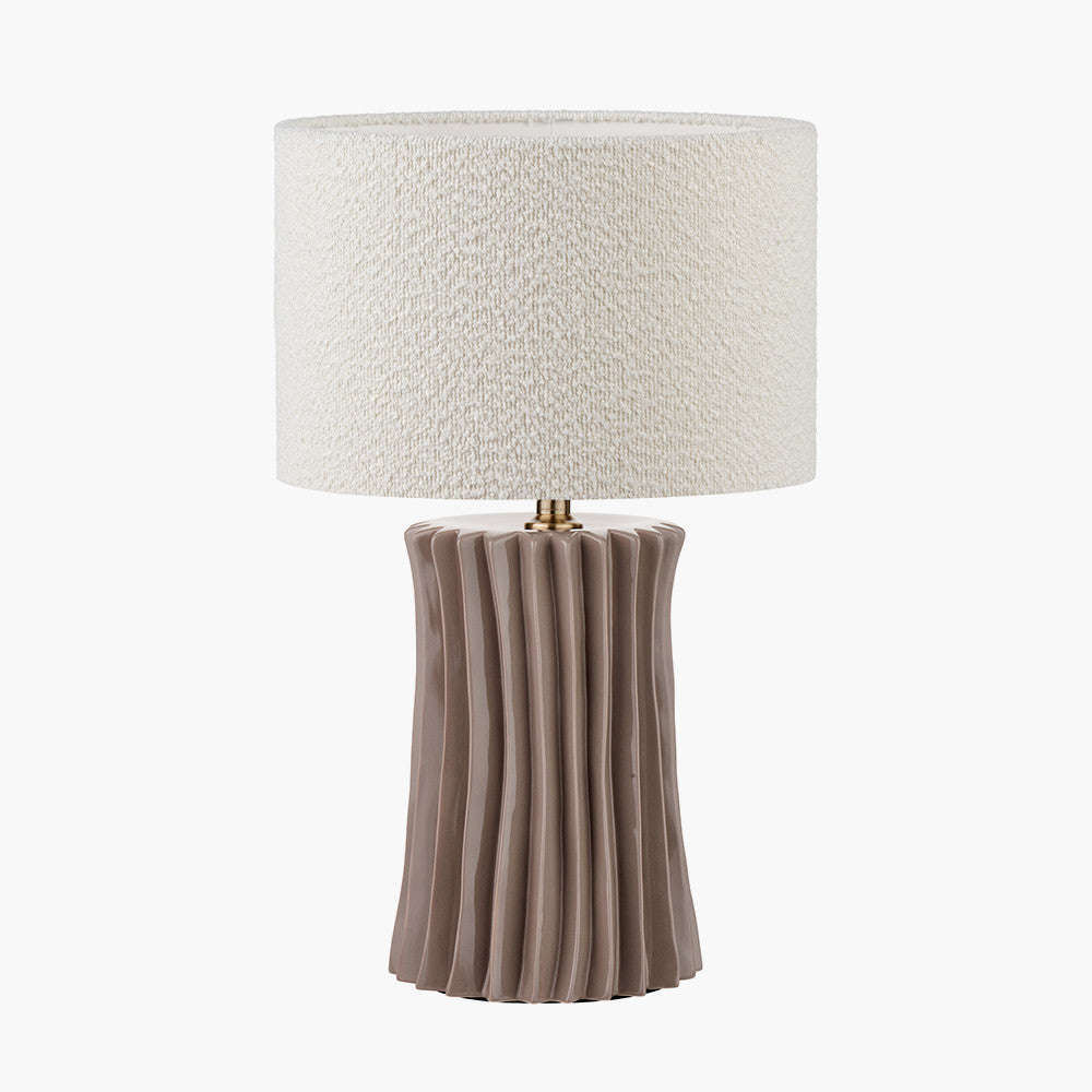 Devony Taupe Pleated Ceramic Table Lamp Base with Rouen 35cm White Boucle Cylinder Lampshade