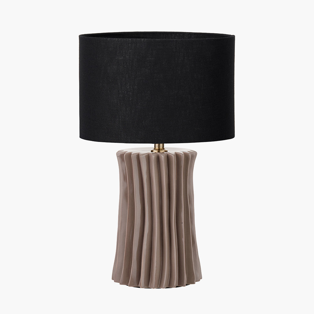 Devony Taupe Pleated Ceramic Table Lamp Base with Lino 35cm Black Self Lined Linen Cylinder Lampshade