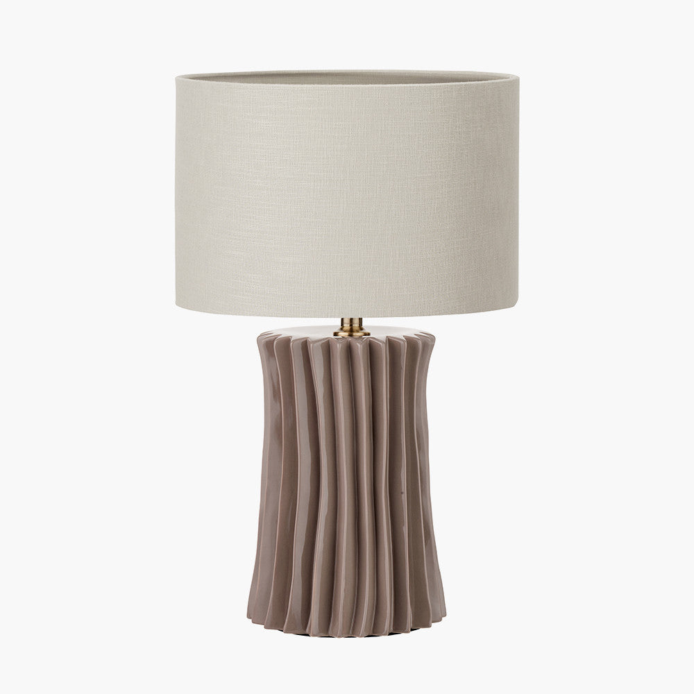 Devony Taupe Pleated Ceramic Table Lamp Base with Lino 35cm Grey Self Lined Linen Cylinder Lampshade