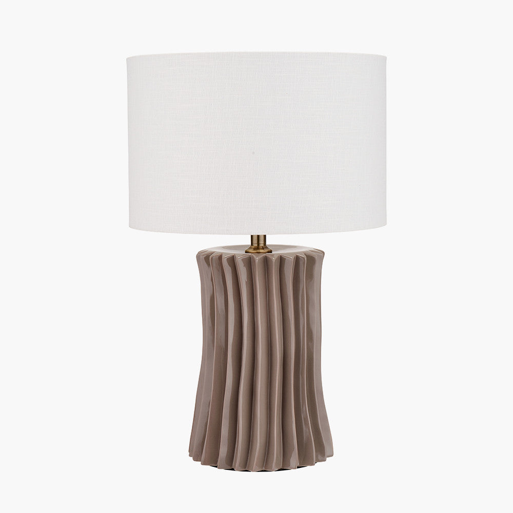 Devony Taupe Pleated Ceramic Table Lamp Base with Lino 35cm White Self Lined Linen Cylinder Lampshade