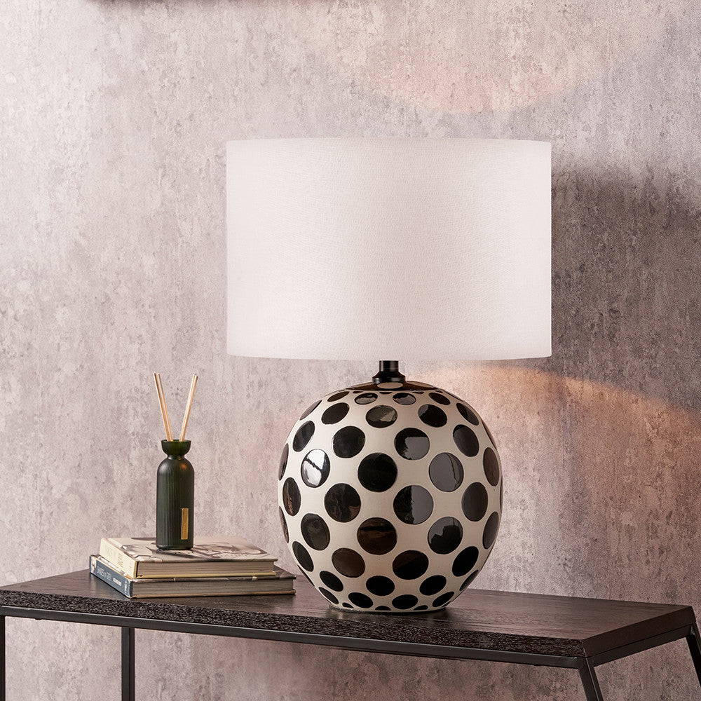 Larisa Black Polka Dot Ceramic Table Lamp Base with Lino 35cm White Self Lined Linen Cylinder Lampshade