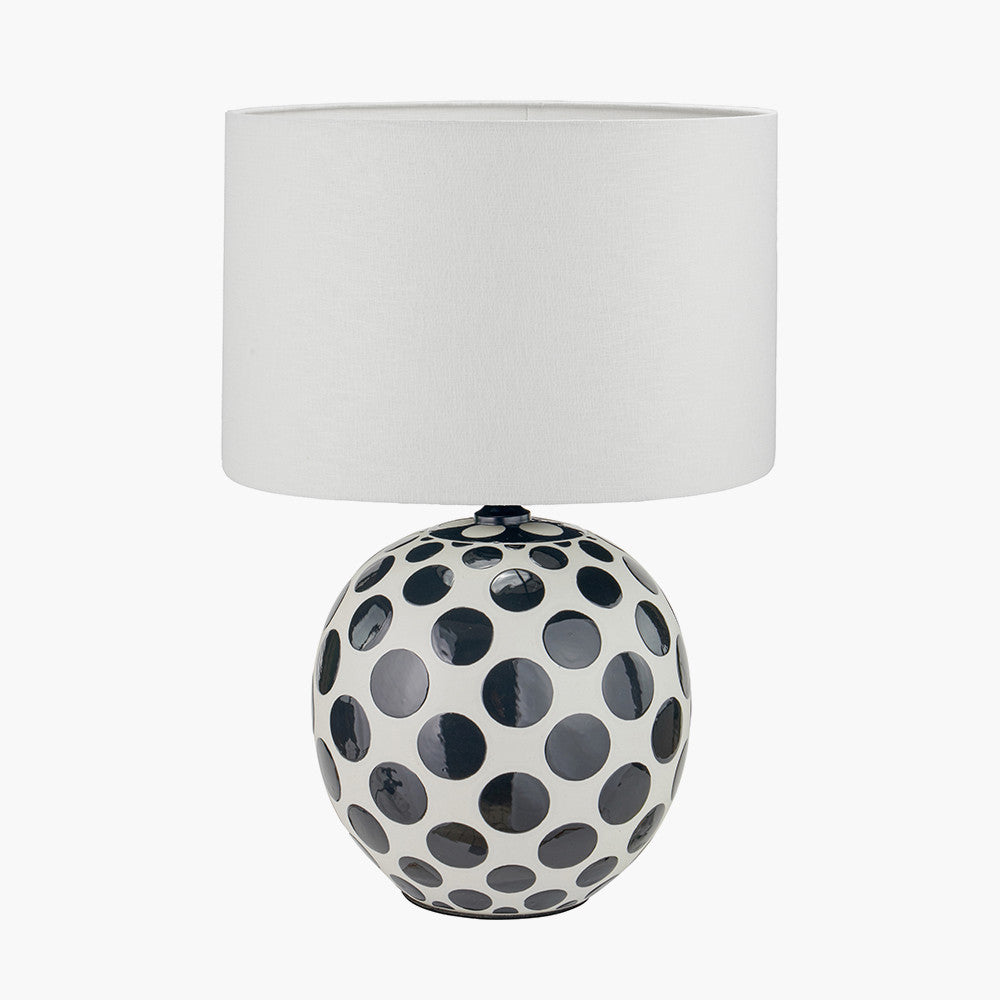 Larisa Black Polka Dot Ceramic Table Lamp Base with Lino 35cm White Self Lined Linen Cylinder Lampshade