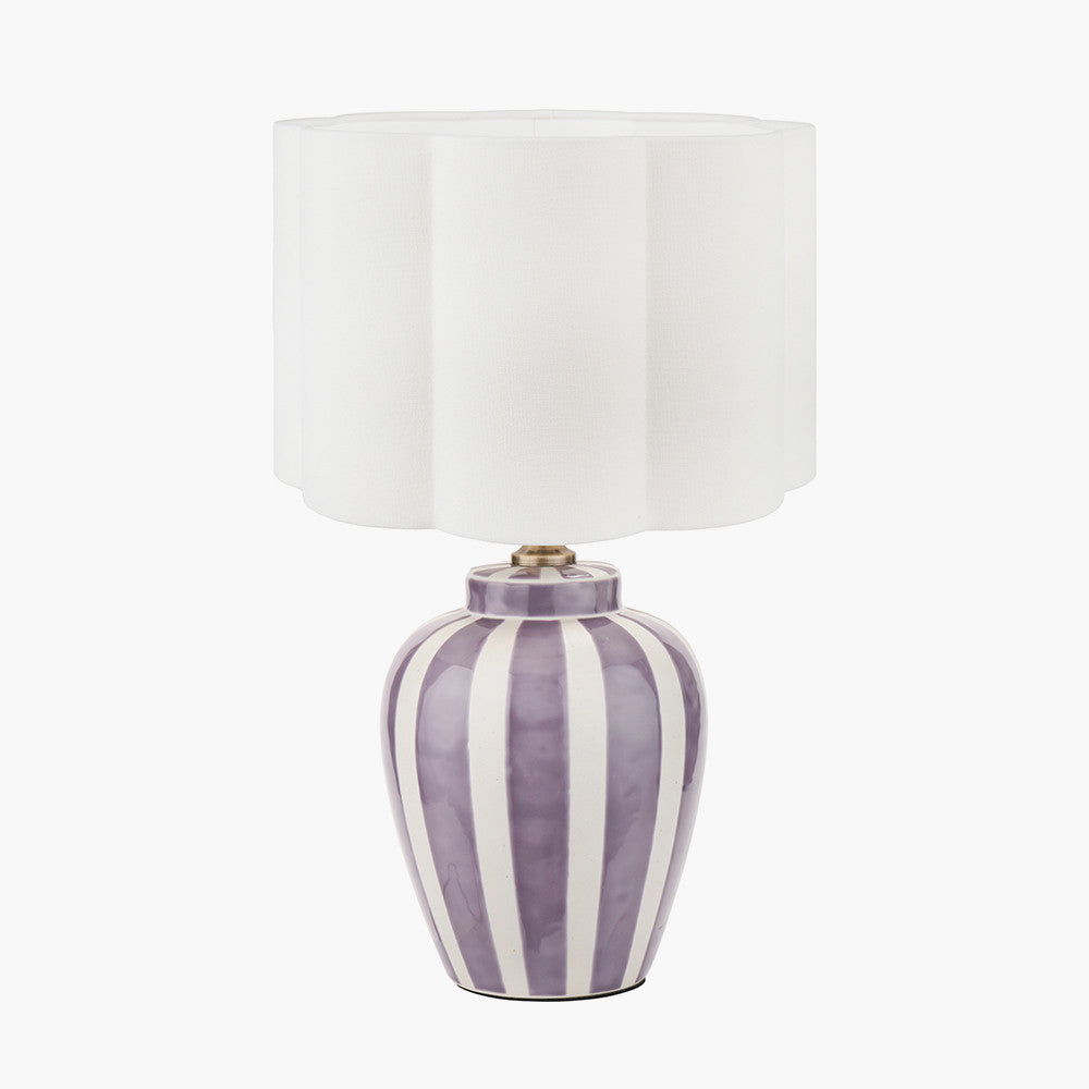 Priscilla Lilac Stripped Ceramic Table Lamp Base with Bloom 35cm White Handloom Scalloped Cylinder Lampshade