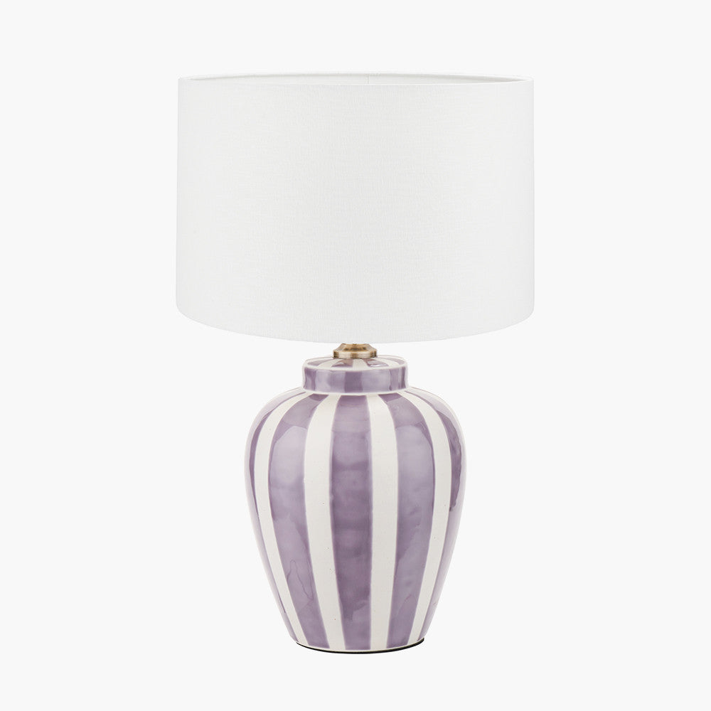 Priscilla Lilac Stripped Ceramic Table Lamp Base with Lino 30cm White Self Lined Linen Cylinder Lampshade