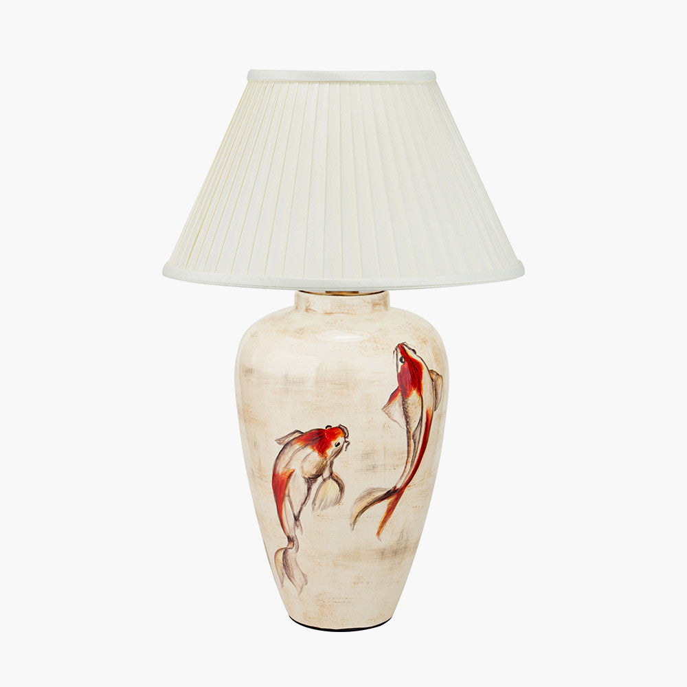 Emerayn Koi Natural Ceramic Table Lamp Base with Bacall 45cm Almond Silk Knife Pleat Empire Lampshade