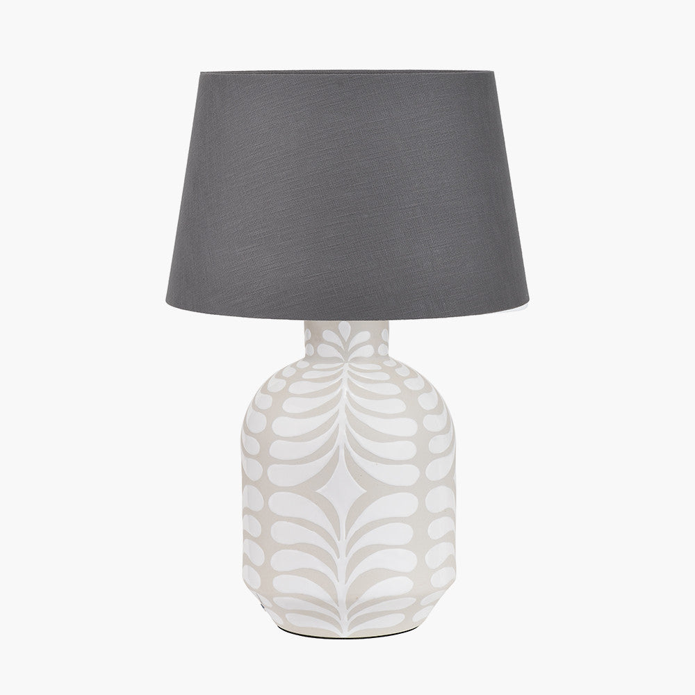 Tania Grey and White Pattern Ceramic Table Lamp Base with Lys 40cm Steel Grey Self Lined Linen Tapered Lampshade