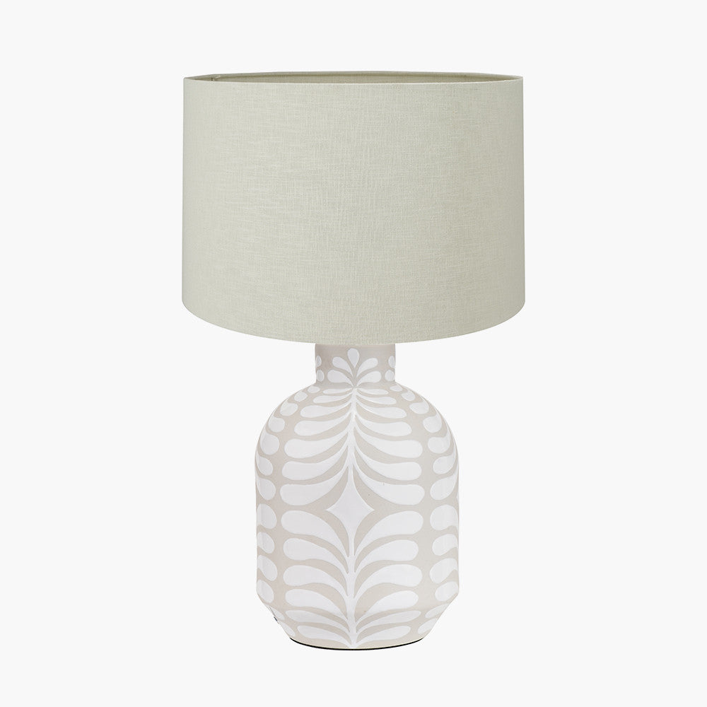 Tania Grey and White Pattern Ceramic Table Lamp Base with Lino 35cm Cream Self Lined Linen Cylinder Lampshade