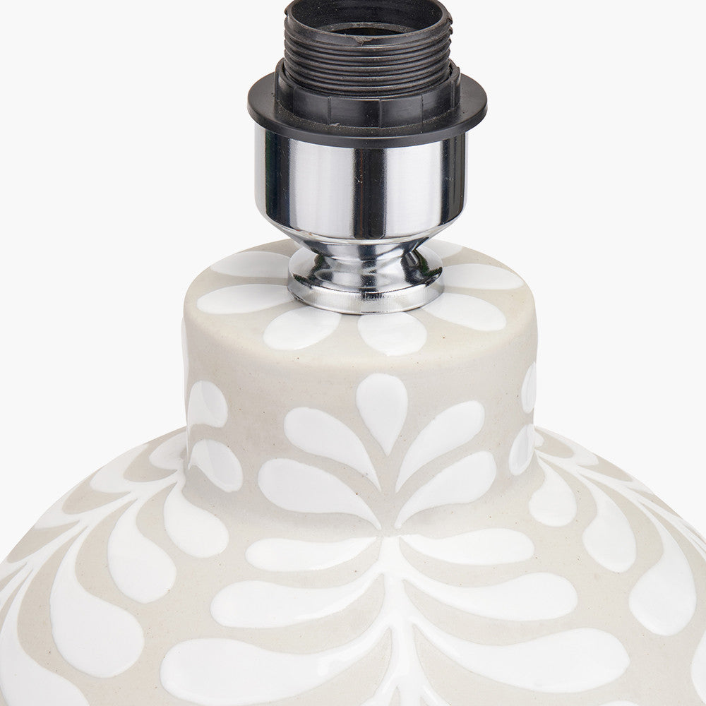 Tania Grey and White Pattern Ceramic Table Lamp Base with Lino 35cm Cream Self Lined Linen Cylinder Lampshade