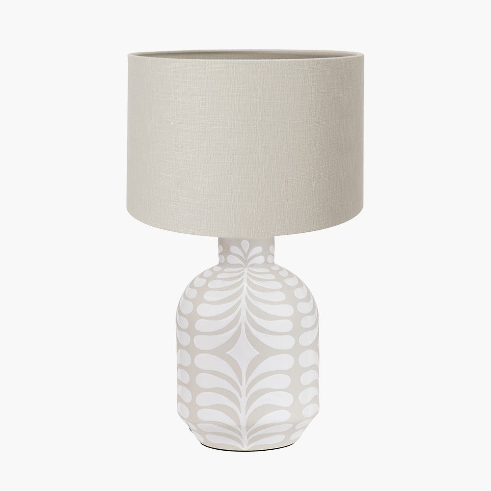 Tania Grey and White Pattern Ceramic Table Lamp Base with Lino 35cm Grey Self Lined Linen Cylinder Lampshade
