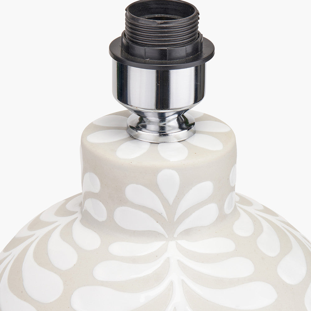 Tania Grey and White Pattern Ceramic Table Lamp Base with Lino 35cm Grey Self Lined Linen Cylinder Lampshade
