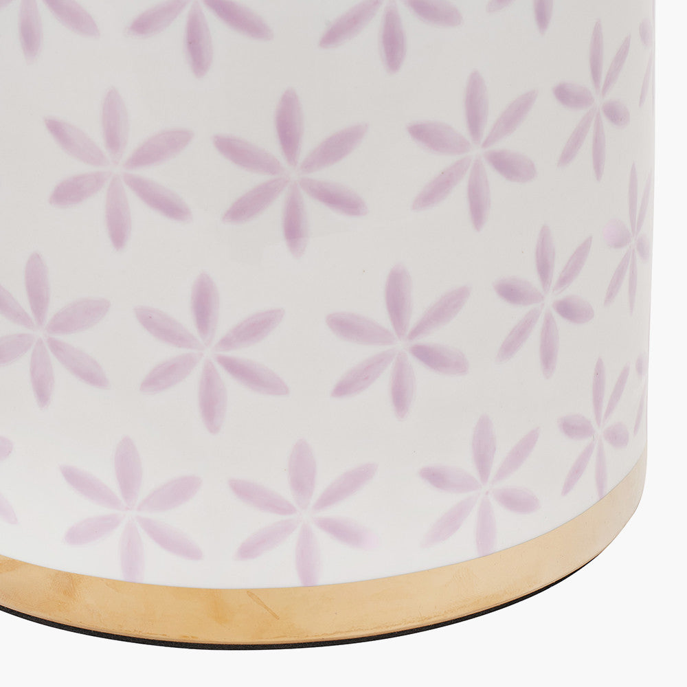Thea Lillac and Gold Leaf Ceramic Table Lamp Base with Stellan 35cm Gold Slubbed Silk Mix Gold Lined Cylinder Lampshade