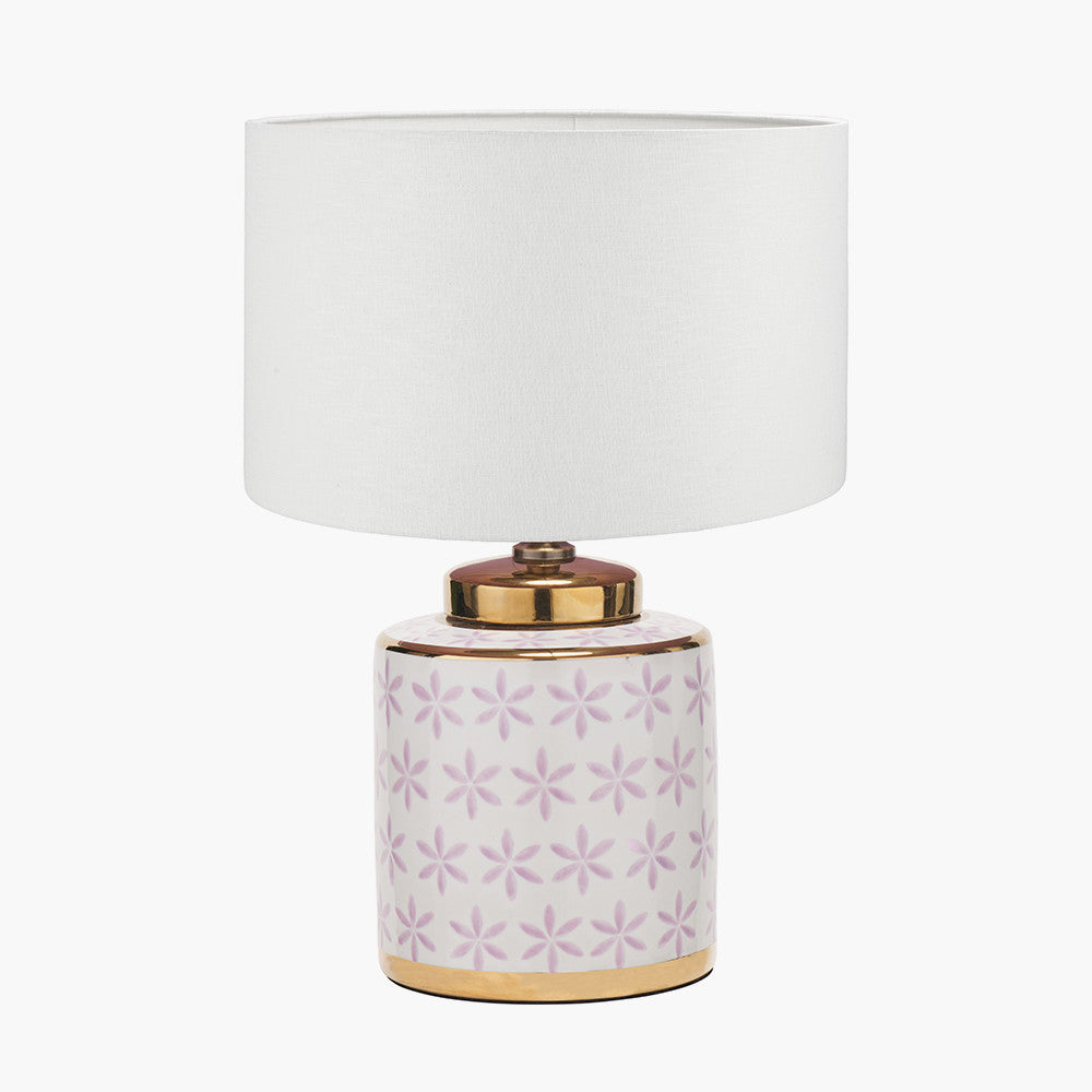 Thea Lillac and Gold Leaf Ceramic Table Lamp Base with Lino 35cm White Self Lined Linen Cylinder Lampshade