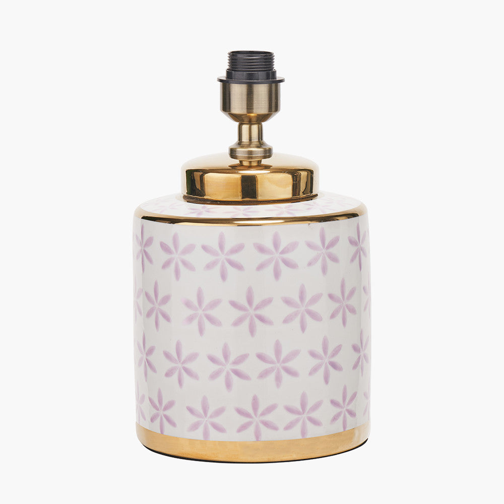 Thea Lillac and Gold Leaf Ceramic Table Lamp Base with Lino 35cm White Self Lined Linen Cylinder Lampshade