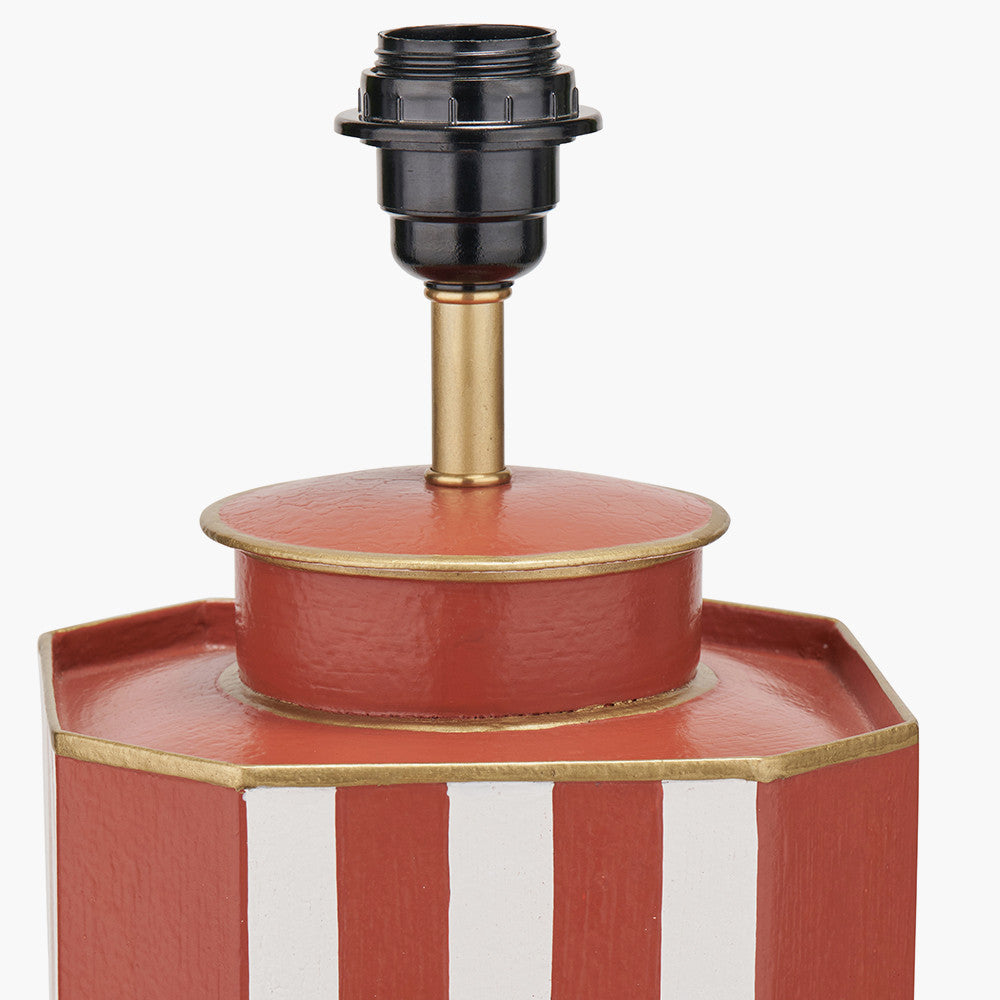Raya Cinnamon and White Hand Painted Metal Table Lamp Base with Lino 40cm Black Self Lined Linen Cylinder Lampshade