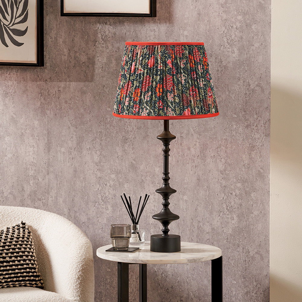 Emilio Matt Black Candlestick Table Lamp Base with Floressa 35cm Red Floral Patterned Mushroom Pleat Tapered Lamp Shade