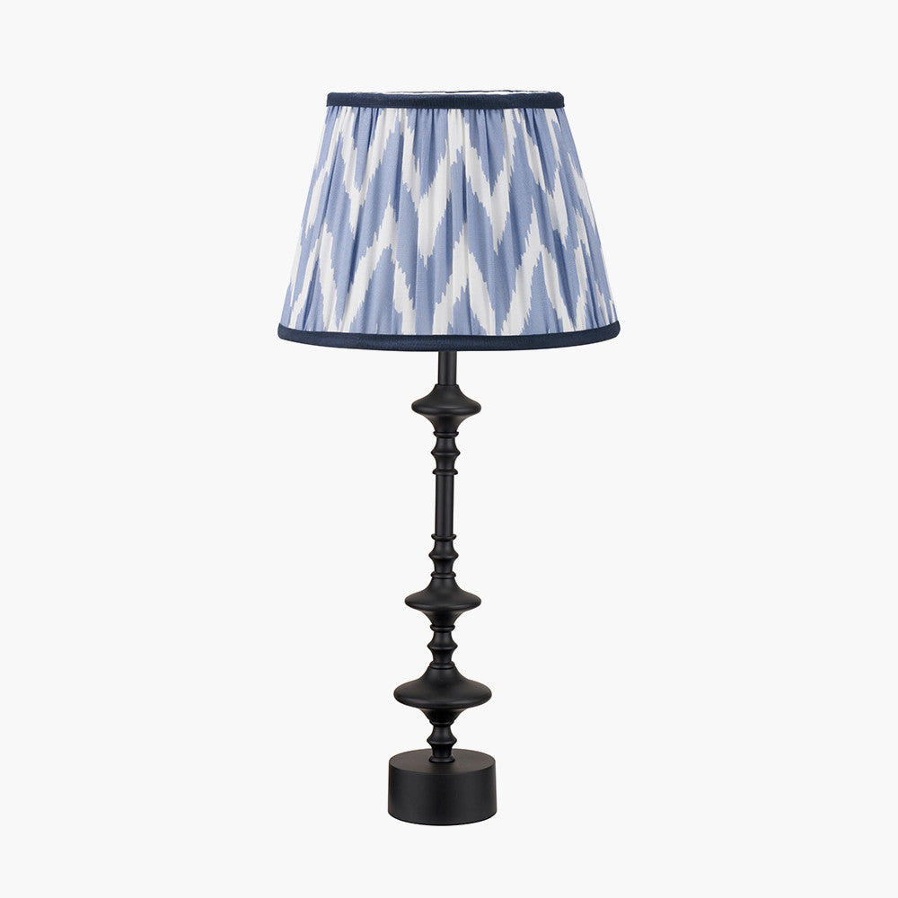 Emilio Matt Black Candlestick Table Lamp Base with Kamilah 40cm Blue Chevron Patterned Mushroom Pleat Tapered Lamp Shade