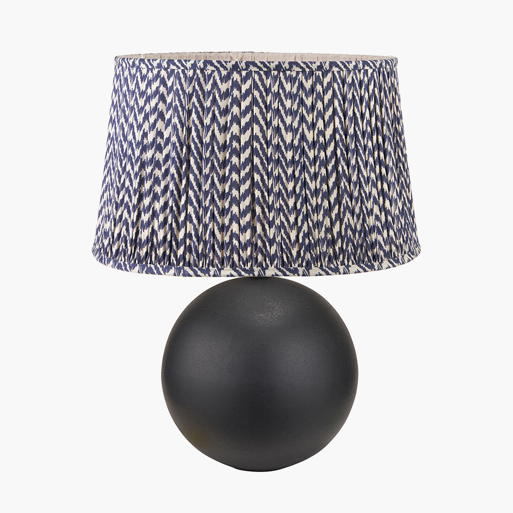 Benio Matt Black Metal Spherical Table Lamp Base with Vienna 35cm Blue Chevron Mushroom Pleat Lampshade