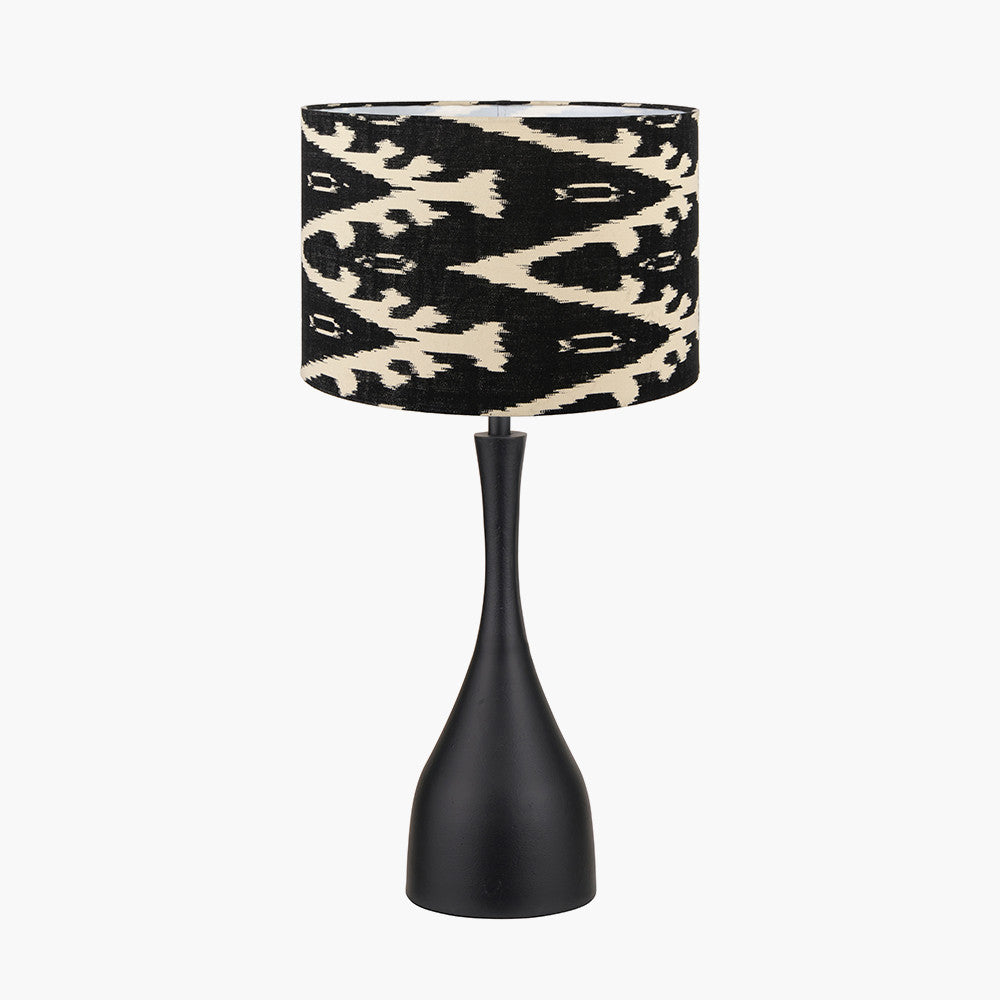 Llora Matt Black Metal Curved Table Lamp Base with Lars 35cm Black Ikat Patterned Cylinder Lampshade