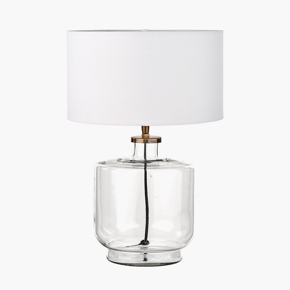 Josie Clear Glass and Antique Brass Metal Table Lamp Base with Harry 30cm Ivory Cotton Mix Cylinder Lampshade