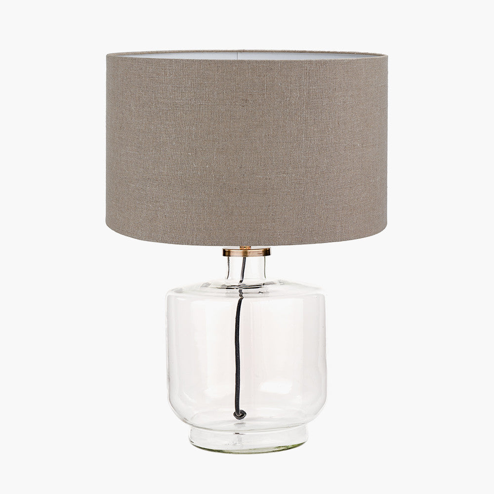 Josie Clear Glass and Antique Brass Metal Table Lamp Base with Edward 30cm Natural Linen Cylinder Lampshade
