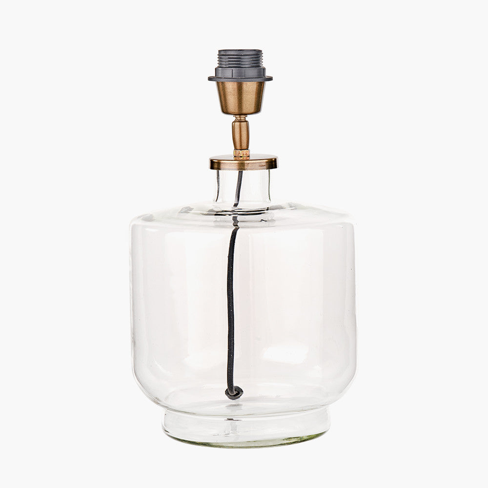 Josie Clear Glass and Antique Brass Metal Table Lamp Base with Edward 30cm Natural Linen Cylinder Lampshade