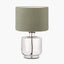 Josie Clear Glass and Antique Brass Metal Table Lamp Base with Edward 30cm Pistachio Green Linen Cylinder Lampshade