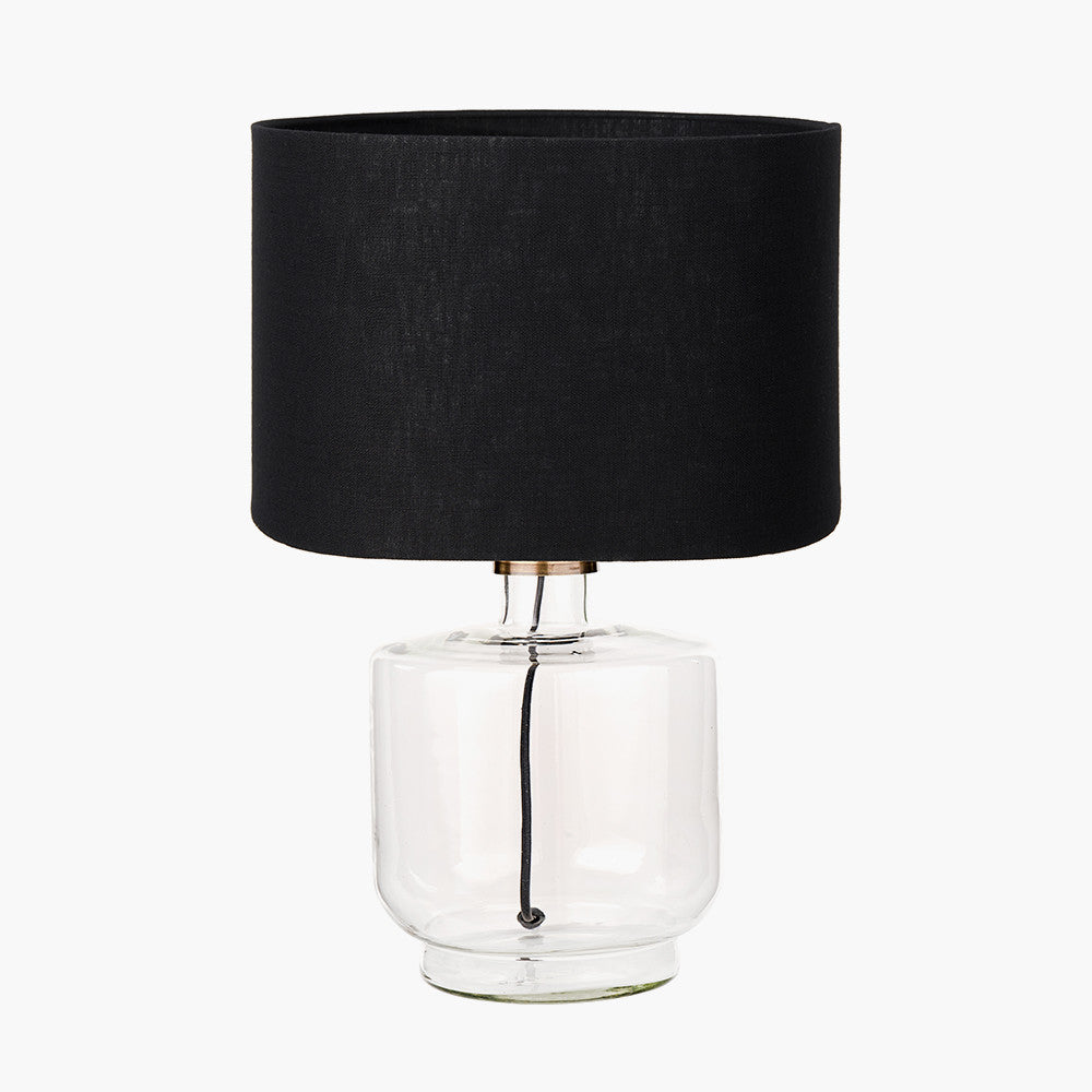 Josie Clear Glass and Antique Brass Metal Table Lamp Base with Lino 30cm Black Self Lined Linen Cylinder Lampshade