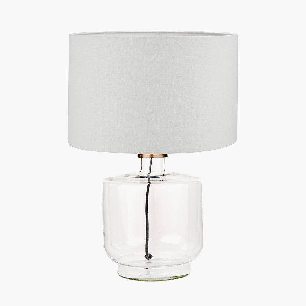 Josie Clear Glass and Antique Brass Metal Table Lamp Base with Lino 30cm White Self Lined Linen Cylinder Lampshade