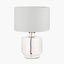 Josie Clear Glass and Antique Brass Metal Table Lamp Base with Lino 30cm White Self Lined Linen Cylinder Lampshade