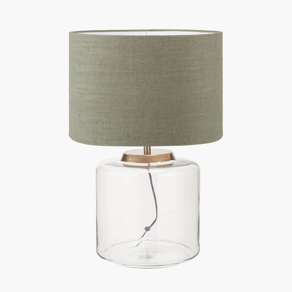 Josie Clear Glass and Antique Brass Metal Large Table Lamp Base with Edward 40cm Pistachio Green Linen Cylinder Lampshade