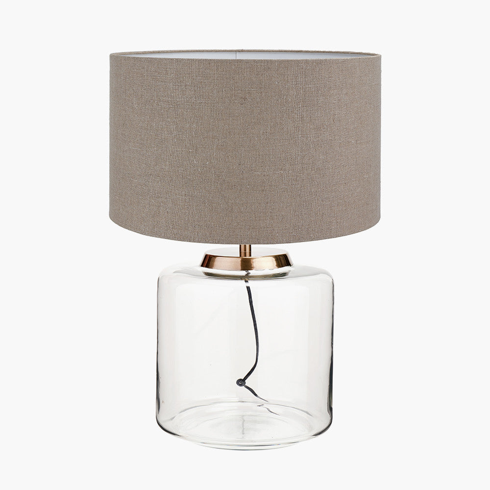 Josie Clear Glass and Antique Brass Metal Large Table Lamp Base with Edward 45cm Natural Linen Cylinder Lampshade