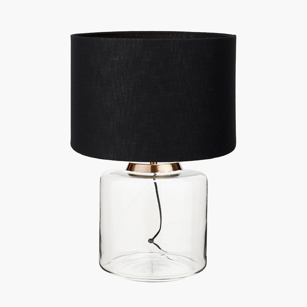 Josie Clear Glass and Antique Brass Metal Large Table Lamp Base with Lino 45cm Black Self Lined Linen Cylinder Lampshade