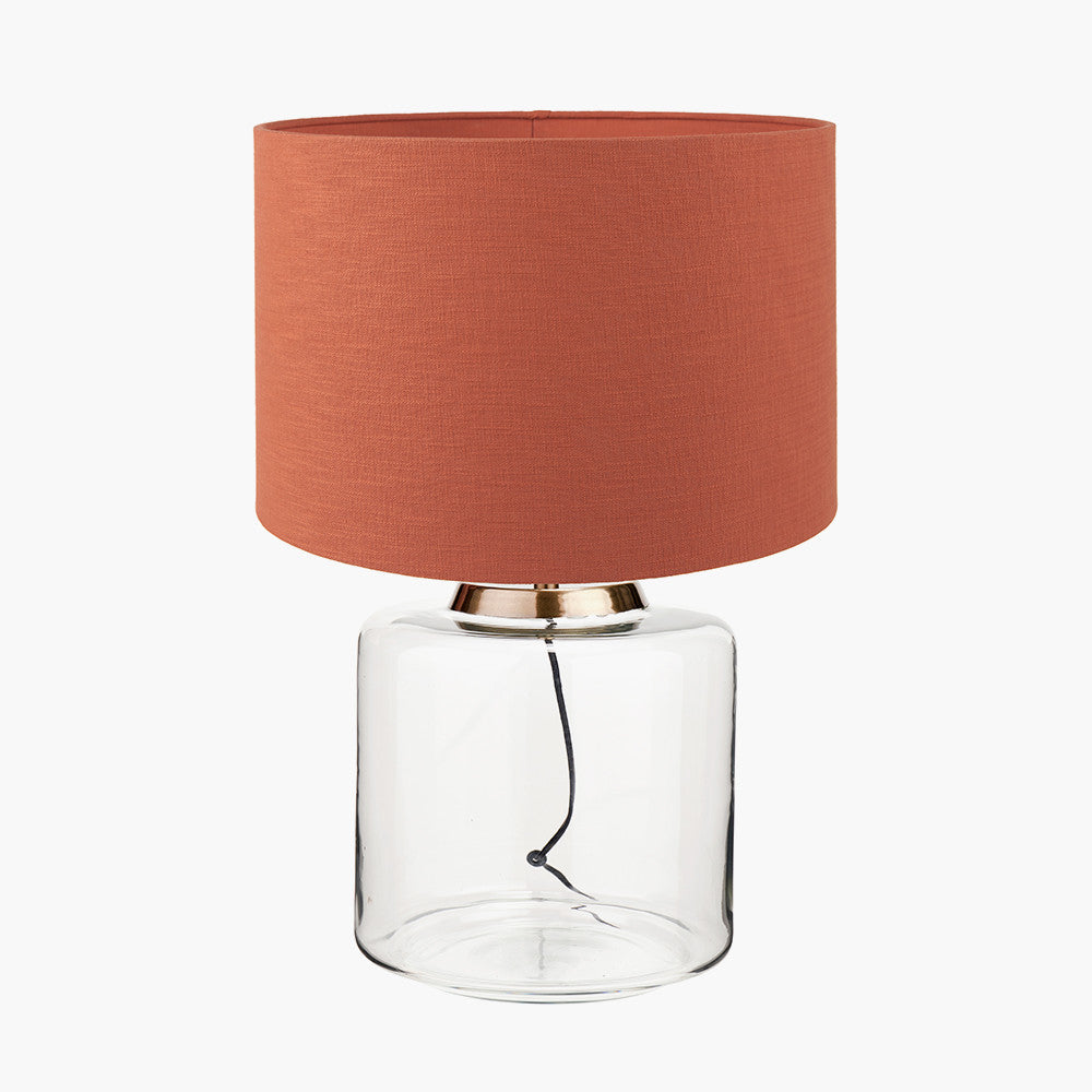 Josie Clear Glass and Antique Brass Metal Large Table Lamp Base with Lino 45cm Cinnamon Self Lined Linen Cylinder Lampshade