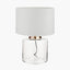 Josie Clear Glass and Antique Brass Metal Large Table Lamp Base with Lino 45cm White Self Lined Linen Cylinder Lampshade