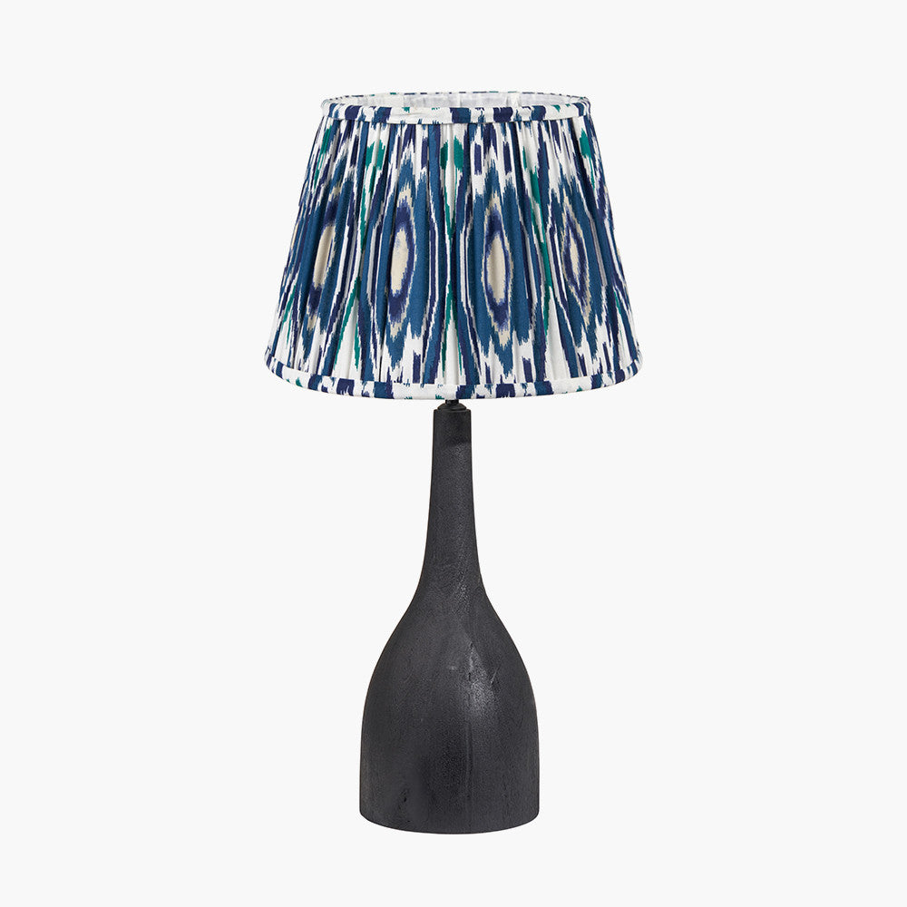 Corella Black Mango Wood Curved Table Lamp Base with Izara 40cm Ocean Blue Ikat Patterned Mushroom Pleat Tapered Lampshade