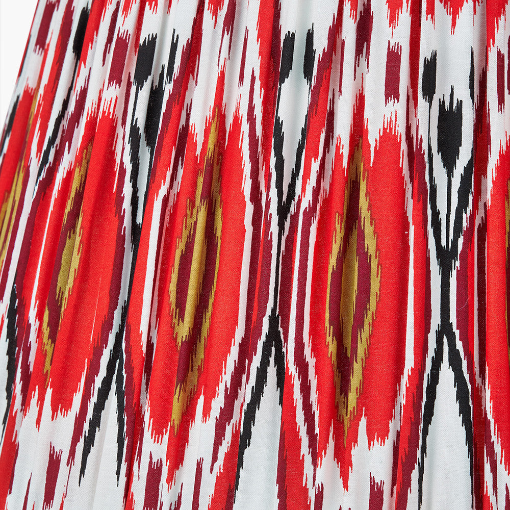 Corella Black Mango Wood Curved Table Lamp Base with Izara 40cm Red Ikat Patterned Mushroom Pleat Tapered Lampshade