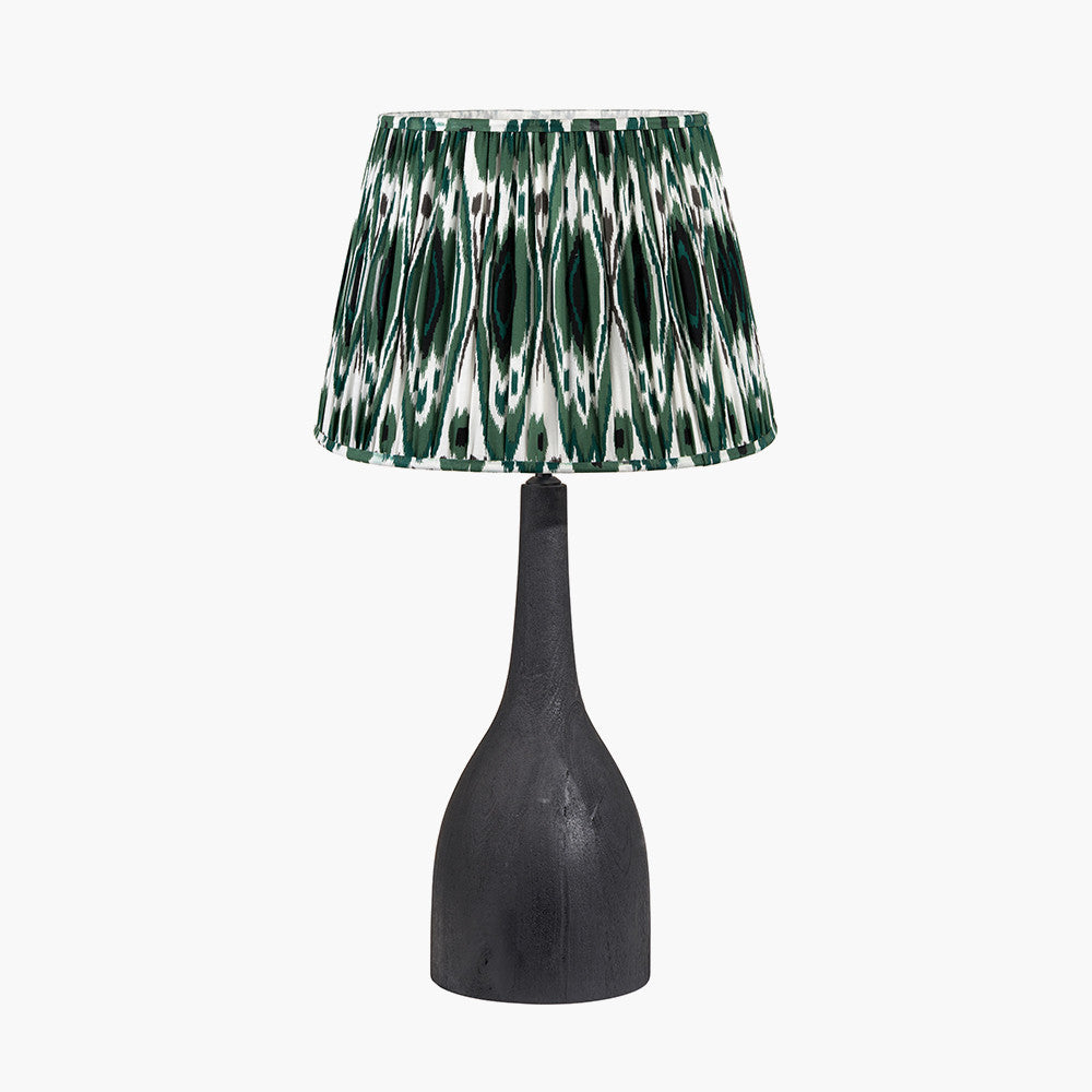 Corella Black Mango Wood Curved Table Lamp Base with Izara 40cm Racing Green Ikat Patterned Mushroom Pleat Tapered Lampshade
