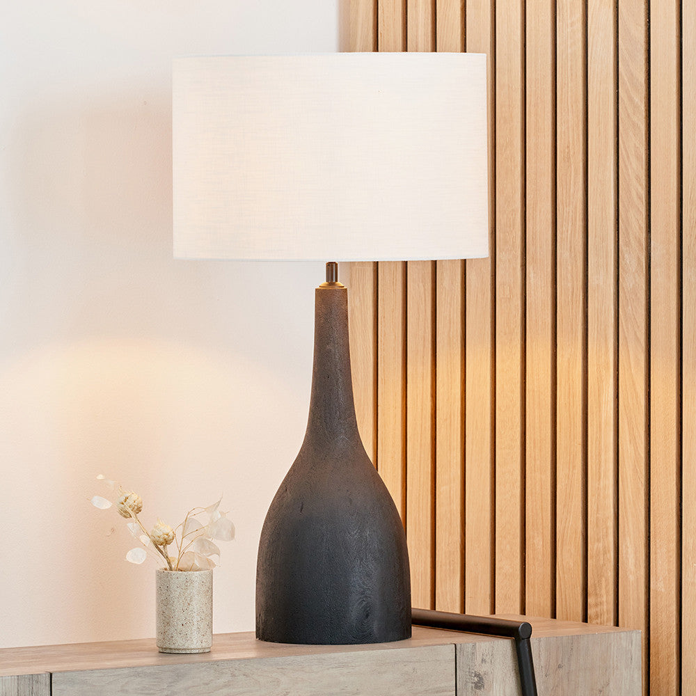 Corella Black Mango Wood Curved Table Lamp Base with Lino 40cm White Self Lined Linen Cylinder Lampshade