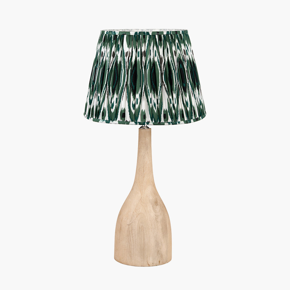 Corella Natural Mango Wood Curved Table Lamp Base with Izara 40cm Racing Green Ikat Patterned Mushroom Pleat Tapered Lampshade